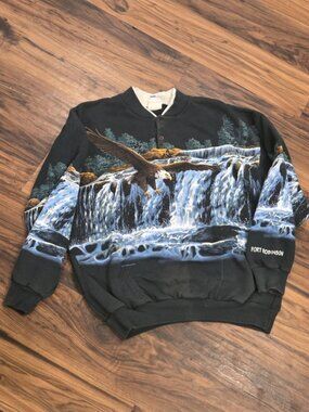 Vtg Art Unlimited Eagle Sweatshirt Henley Mock Neck Pockets Fort Robinson L